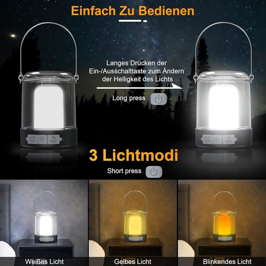 Madame Lampe de camping Jones LED 2600 mAh rechargeable - 3 niveaux de luminosité dimmable IP44 étanche - avec crochet et câble de chargement USB C pour le camping, la randonnée, les coupures de courant - les urgences, etc.
