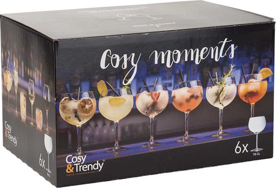 Doos met 6 'Cozy Moments' cocktailglazen, met afbeeldingen van gevulde glazen.