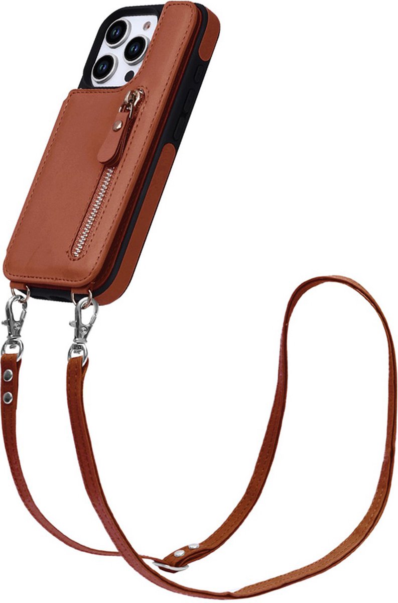 CaseBoutique Backcase hoesje geschikt voor iPhone 16 Pro Max - Effen Cognac - Kunstleer - met Crossbody Koord, Pashouder & Ritsvakje