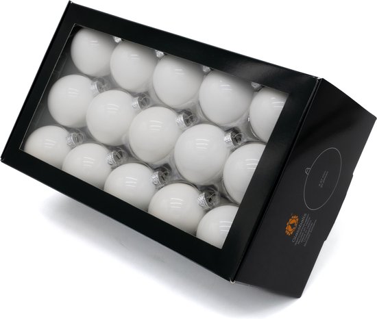 Boîte de 30 boules de Noël en verre blanches et brillantes, partiellement visibles.