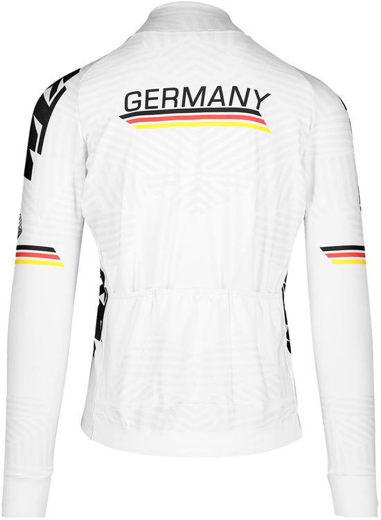 Achterkant wit fietsshirt met "GERMANY"-opschrift en driekleurige banden.