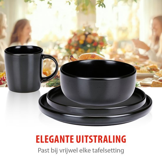 alpina Service de Vaisselle 16 Pièces - Service d'Assiettes 4 Personnes - Services de table en Faïence - Assiettes à petit-déjeuner, Assiettes plates, Bols et tasses - Passe au micro-ondes et au lave-vaisselle - Zwart