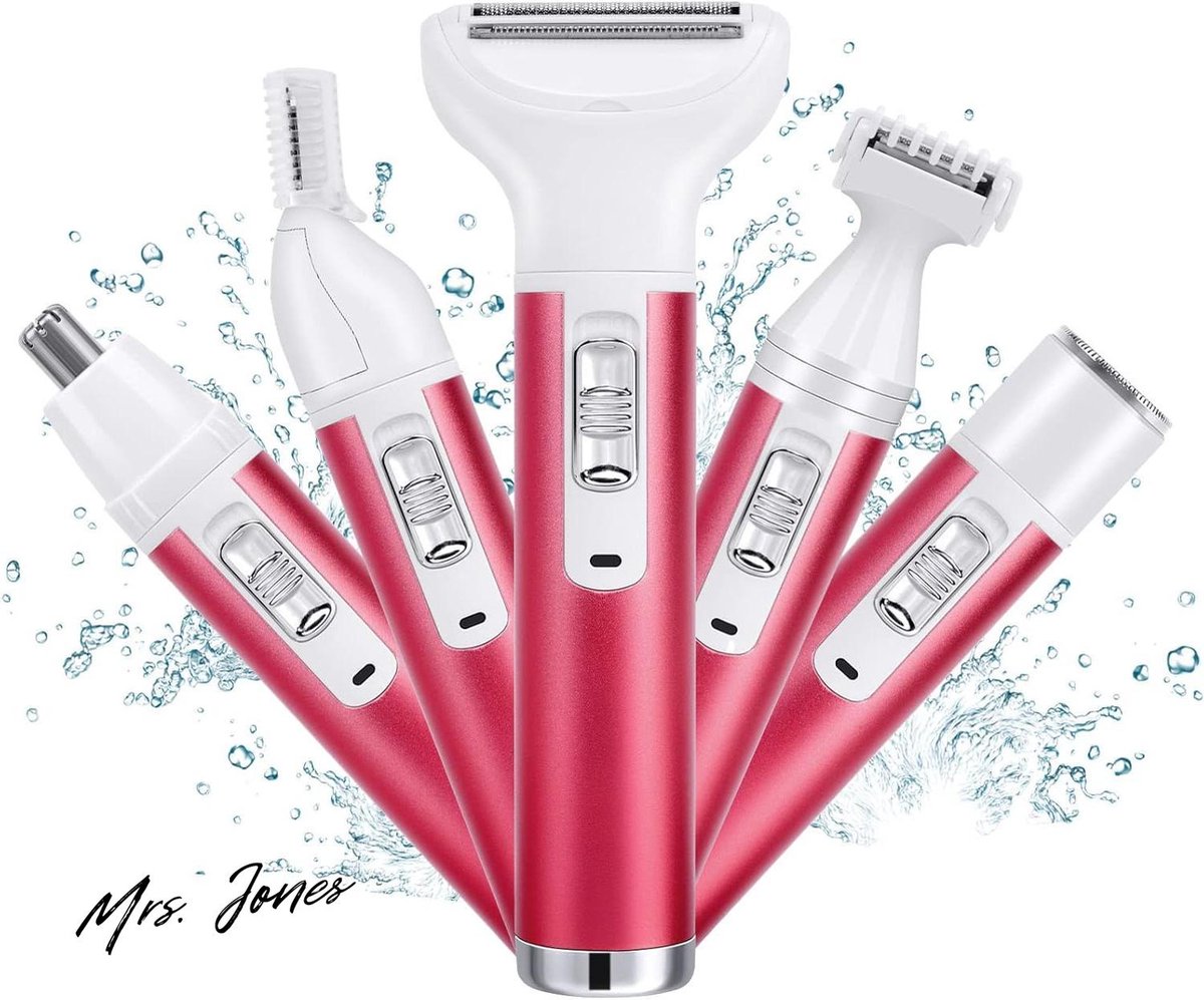 Mrs. Jones Elektrisch Ladyshave 5-in-1 Draadloos Dames Scheerapparaat - Epilator Bikinitrimmer - Nat en Droog Ontharen - Gezicht Benen Oksel - Neus Armen Bikinilijn Wenkbrauw .
