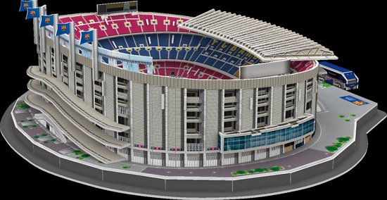 3D puzzel van het Spotify Camp Nou stadion, perspectief vanaf de zijkant, met busje.