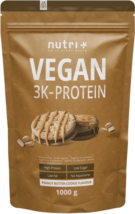 Bruine verpakking van nutri+ Vegan 3K-Protein, smaak Peanut Butter Cookie. 1000g.