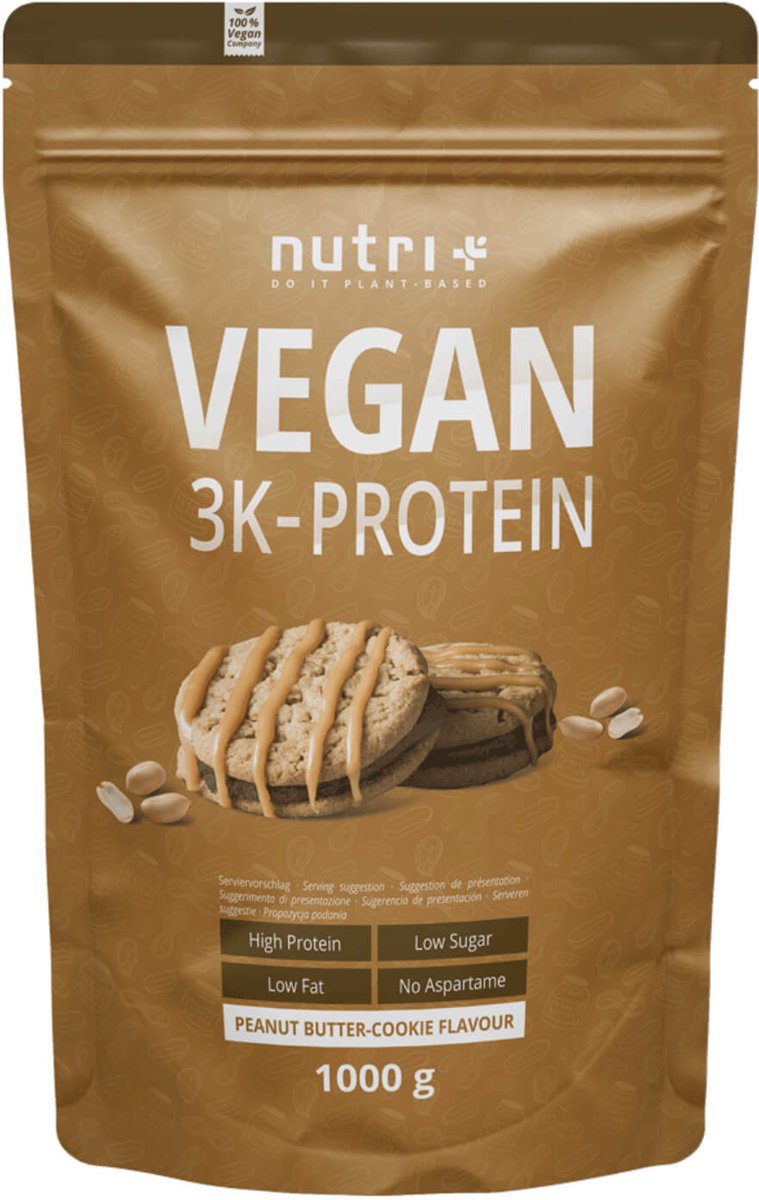 Goedkoopste nutri Vegan 3K Protein - Eiwitpoeder Peanutbutter Cookie - Veganistisch proteïne poeder - met proteïnen uit soja, erwten en zonnebloem - lactosevrij en glutenvrij - 1000 g