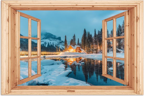 Poster 120x80 cm - Winterlandschap - Natuur - Huis - Bergen - Doorkijk - Raam - Posters - Kamer decoratie - Wanddecoratie woonkamer - Muurdecoratie slaapkamer