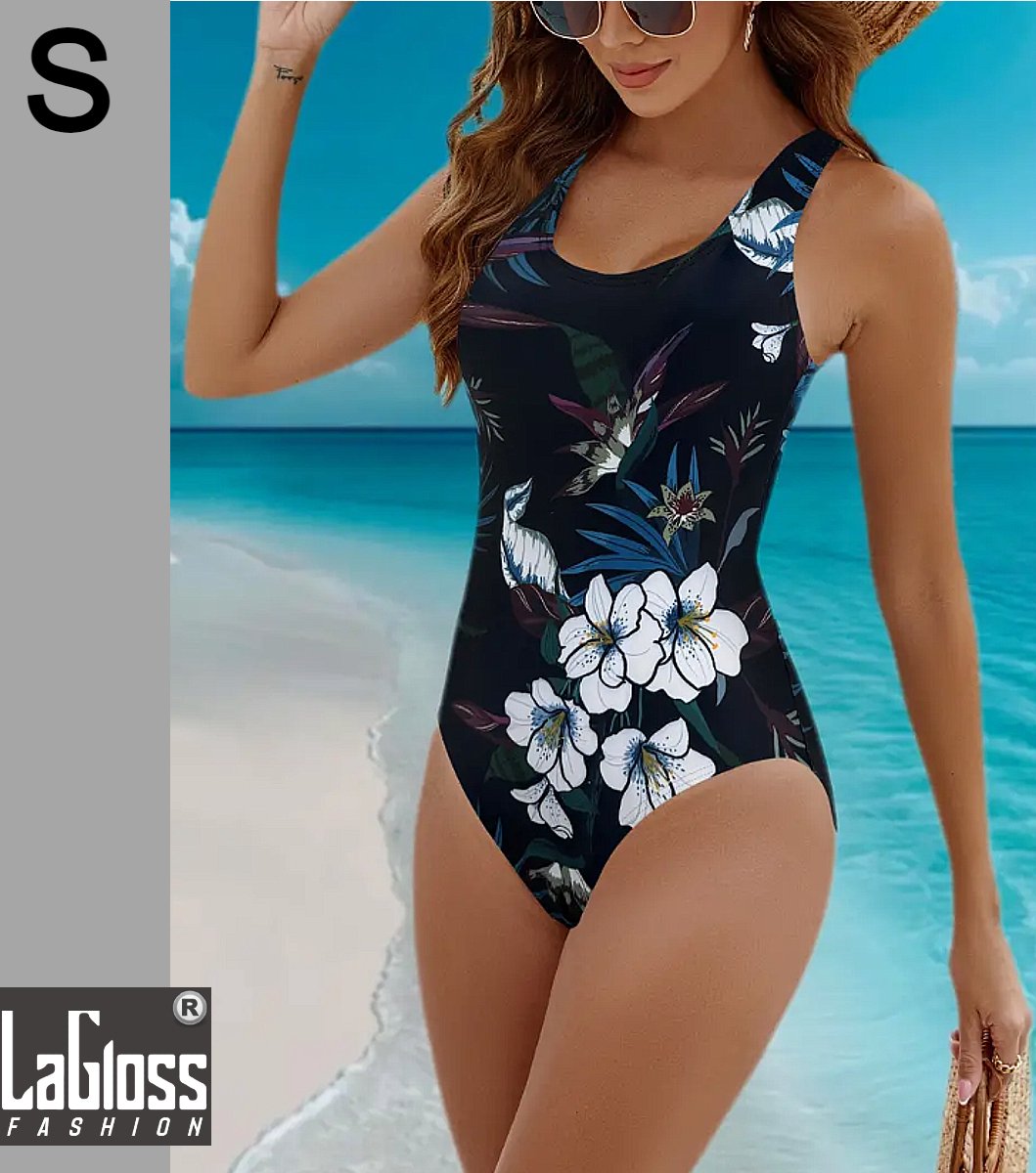 LaGloss® Zwart Tropisch Bloemen Badpak - Zomer Beach Swimsuit - 1-delig - Maat S %%