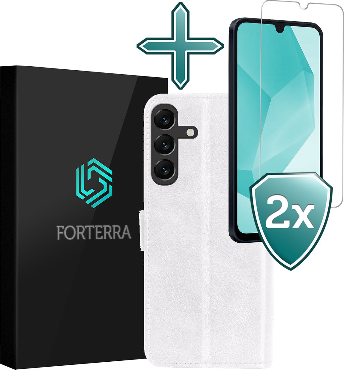 Hoesje Met 2x Screenprotector - Geschikt voor Samsung Galaxy A16 - Luxe Pasjeshouder - Flip Case - Bookcase Portemonee - Kunstleer Book Case - Flipcase Hoes - Book Cover - Walletcase - Portemonneehoes - Wit