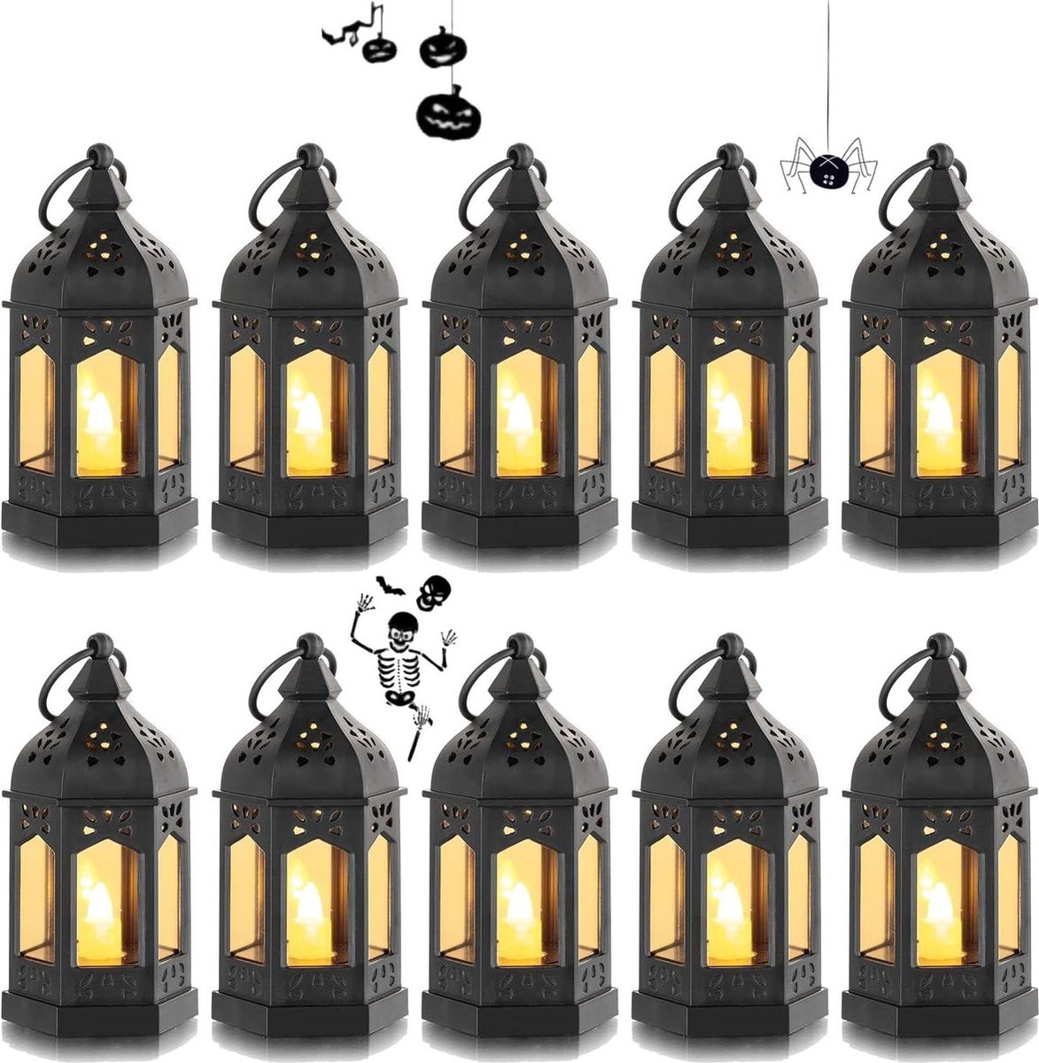 Goedkoopste Zwart decoratieve Halloween lantaarns - set van 10 minilantaarns met ledkaarsen voor buitentafeldecoratie - Ramadan, Kerst, bruiloft, balkon.