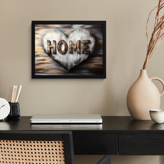 Poster in lijst - Fotolijst 40x30 cm - Posters - Home - Hart - Houtlook - Liefde - Posterlijst zwart - Decoratie - Wanddecoratie woonkamer - Muurdecoratie slaapkamer