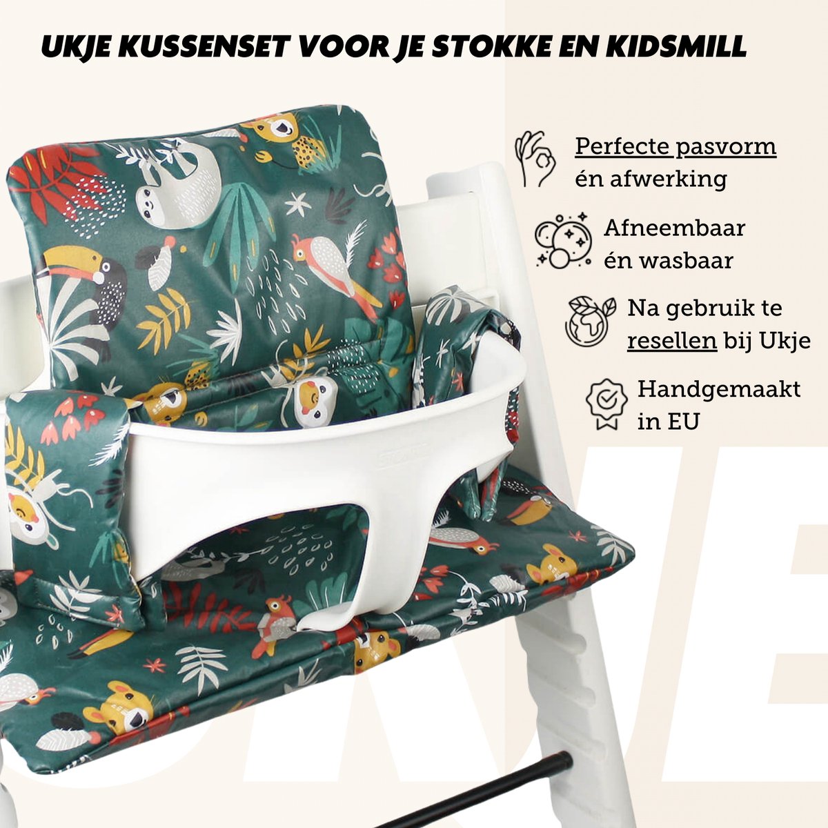 Ukje Kussen TrippTrapp - Geschikt als Stokke Tripp Trapp Stoelverkleiner - Het enige kussen dat op 30°C in de was kan - Veilig getest Oeko-Tex - Kinderstoel Verkleiner - Geplastificeerd en Snel Schoon - Groen aap – foto 7