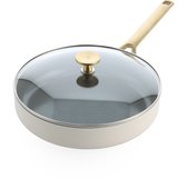 BK Sublime Hapjespan 28cm met deksel - 3.6L - PFAS-vrije antikleeflaag - Hapjespan inductie - Keramische pan -Ovenbestendig tot 220°C - Met glazen deksel - Crème