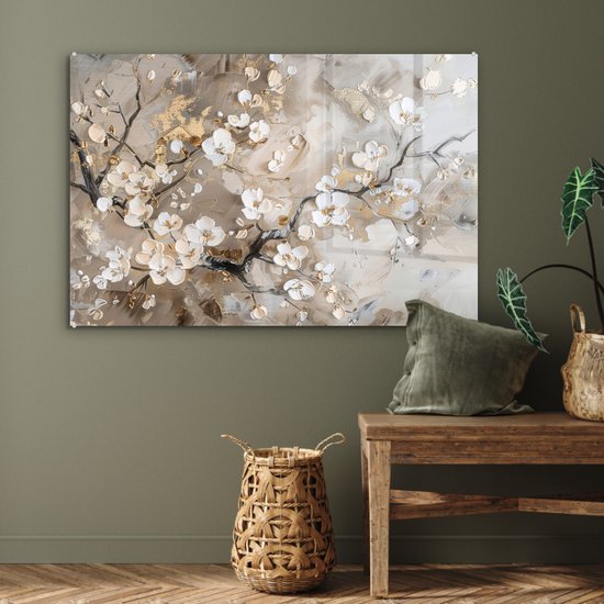 MuchoWow® Tableau sur verre 120x80 cm - Tableau sur verre acrylique - Fleurs - Wit - Or - Beige - Luxe - Photo sur verre - Décoration murale salon - Décoration murale chambre - Peintures
