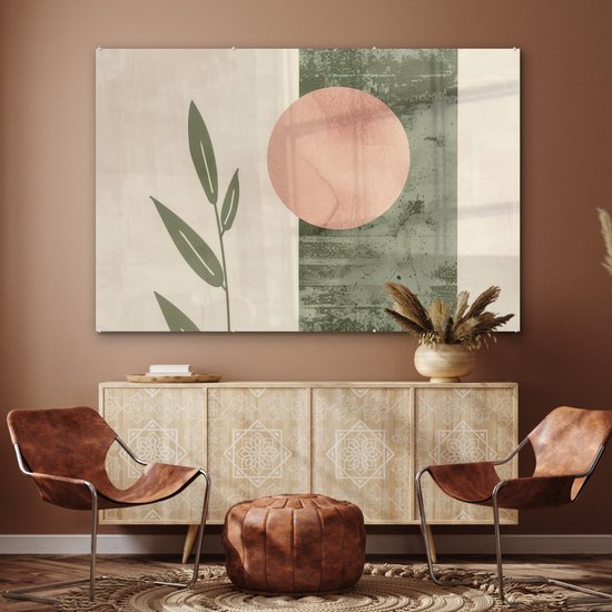 MuchoWow® Glasschilderij 150x100 cm - Schilderij acrylglas - Geometrisch - Roze - Groen - Natuur - Foto op glas - Muurdecoratie woonkamer - Wanddecoratie slaapkamer - Schilderijen