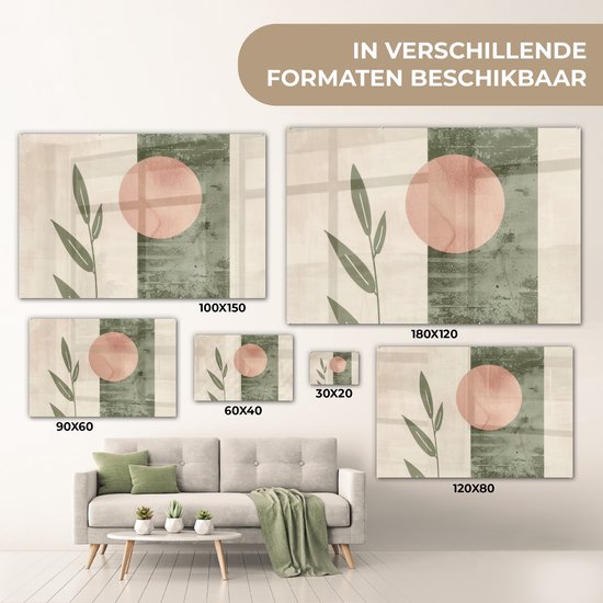 MuchoWow® Glasschilderij 150x100 cm - Schilderij acrylglas - Geometrisch - Roze - Groen - Natuur - Foto op glas - Muurdecoratie woonkamer - Wanddecoratie slaapkamer - Schilderijen
