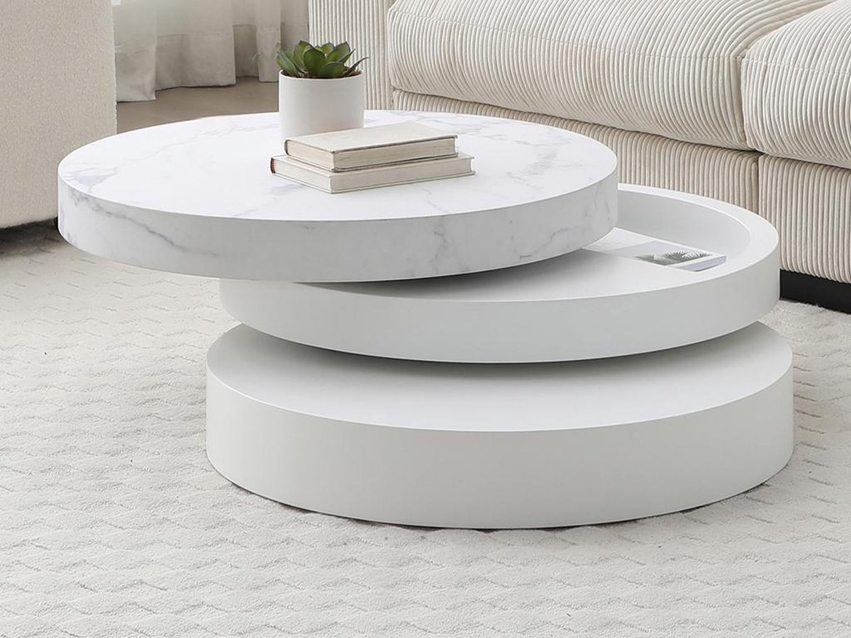 Vente-unique Ronde, draaiende salontafel met 1 nis in MDF - Witte marmereffect en witte lak - JANITA