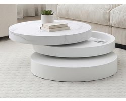 Vente-unique Ronde, draaiende salontafel met 1 nis in MDF - Witte marmereffect en witte lak - JANITA