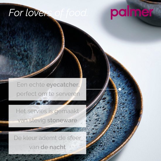 Set van stevig, donkerblauw stoneware servies met een glanzende afwerking die de nacht ademt.