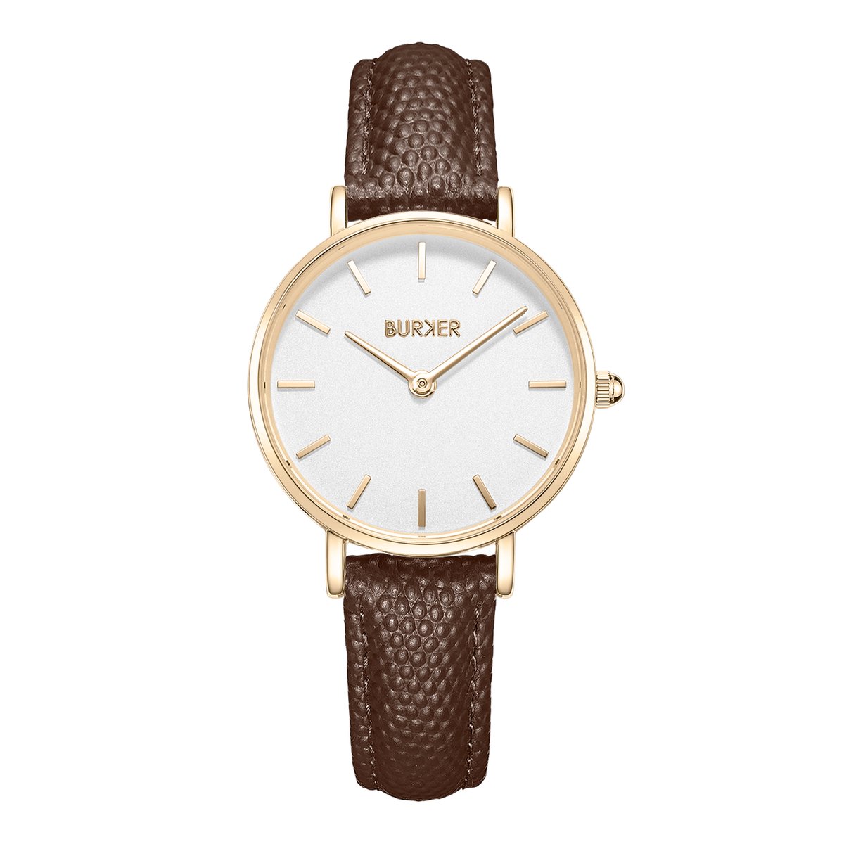 BURKER Ruby Petite Horloge Dames - Rond - Goud Bruin - Leren Band - 28 mm