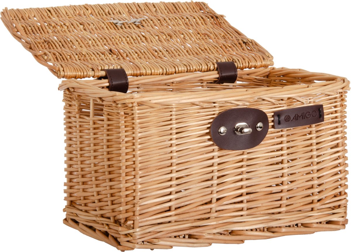 Panier Vélo Osier AMIGO – 10L Avec Couvercle, Bouchon à Vis – Naturel, 30x19x19 Cm – Pour Enfants Et Vélos Avant