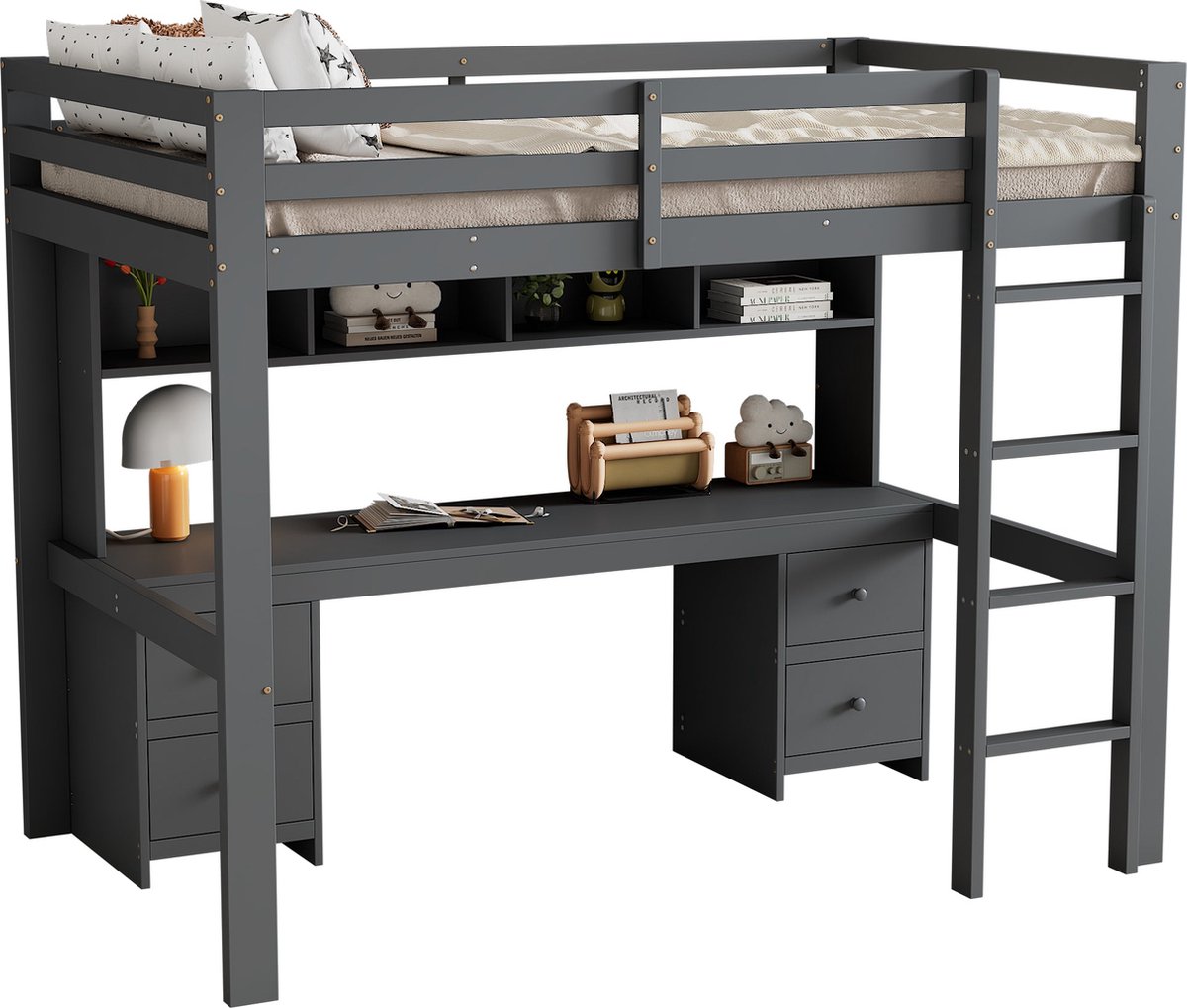 Merax Houten Hoogslaper 90x200 cm Grijs met Bureau – 4 Lades en 4 Open Vakken – Kinderbed met Opbergruimte