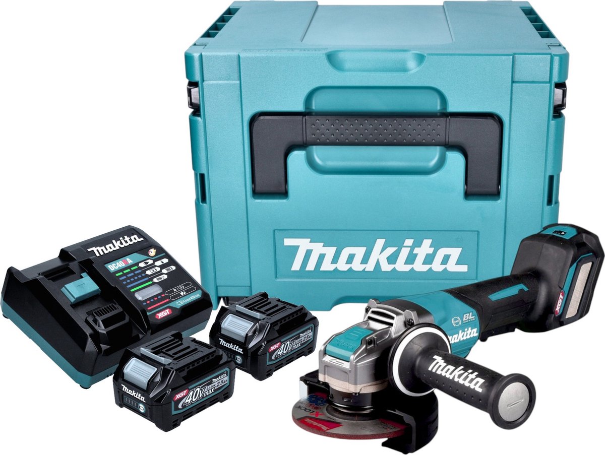 Makita GA 044 GD201 Accu haakse slijper 40 V max. 125 mm X-LOCK Brushless + 2x accu 2,5 Ah + lader + Makpac