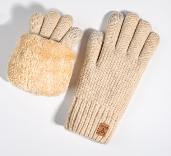 Winterhandschoenen met touchscreen voor dames - Warme gebreide handschoenen met fleecevoering - Winterhandschoenen met elastische manchetten - Winterhandschoenen met dubbele laag pluche verdikte handschoenen voor buitenfietsen - Beige - 22*9cm