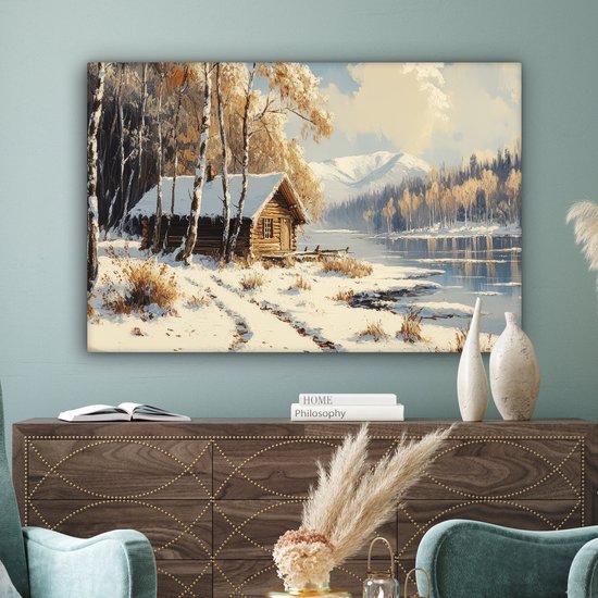 Peinture sur toile 150x100 cm - Décoration murale Hiver - Neige - Maison - Nature - Décoration murale murale salon - Décoration chambre - Accessoires de chambre - Peintures sur toile