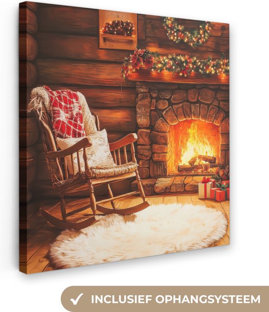Canvas schilderij 20x20 cm - Wanddecoratie Winter - Kerst - Huis - Openhaard - Muurdecoratie woonkamer - Slaapkamer decoratie - Kamer accessoires - Schilderijen op canvas - Kerstdecoratie voor binnen - Kerstversiering - Kerstmis versiering