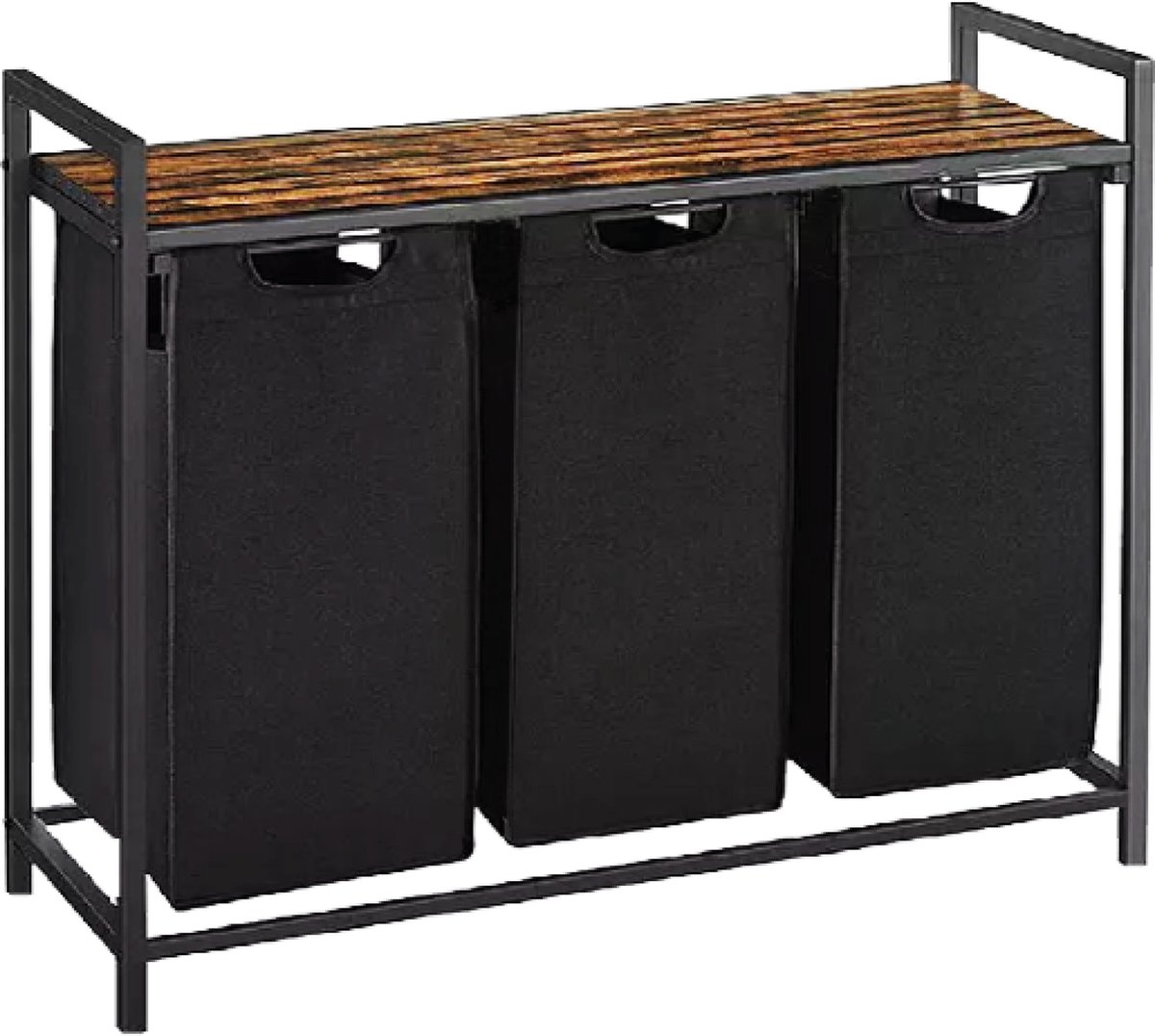 Goedkoopste BRASQ Wasmand 3 vakken - Wassorteerder 114 Liter - Uitschuifbaar met Plank 92,5x33x71 cm - Wasbox Zwart Metaal - Bruin hout - Basket