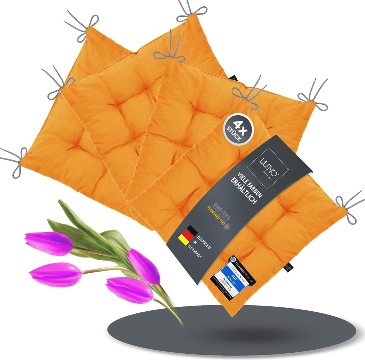 Set van 4 lichtoranje stoelkussens 40x40 cm - UV-bestendig zitkussen voor binnen en buiten