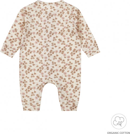 Roomwitte boxpak met lange mouwen, bedrukt met kleine roze bloemen en bruine takjes. Achterkant.