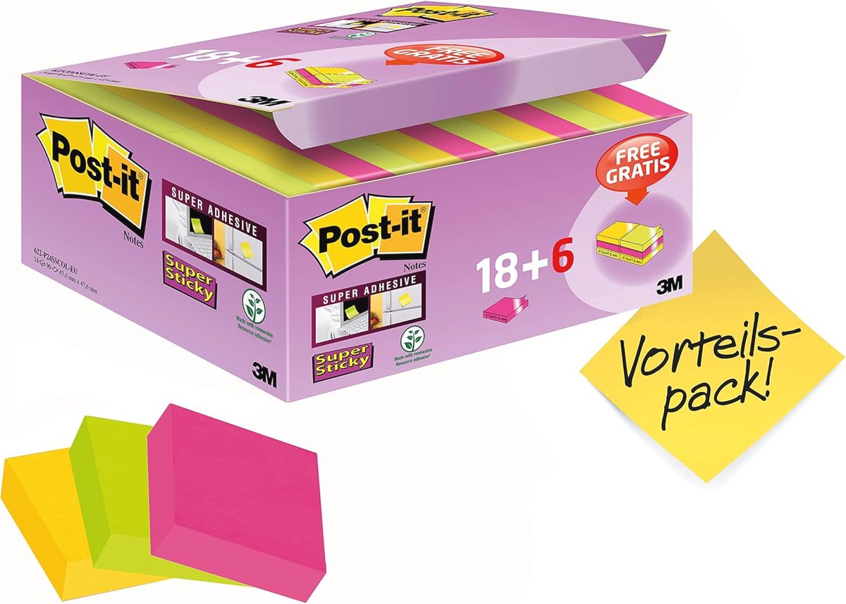 Super Sticky Notitieblaadjes 47,6 mm x 47,6 mm - 18 Blokken + 6 Gratis - 90 Vellen per Blok - Zelfklevende Bloknotes voor Notities, To-do-lijsten en Herinneringen