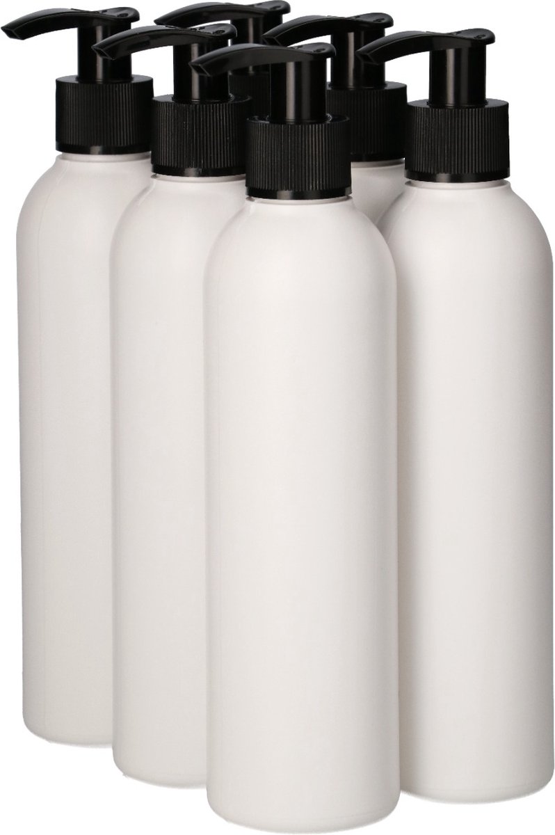 6 x 250 ml ronde fles HDPE wit + Dispenserpomp zwart- BPA Vrij - Niet Breekbaar - Plastic Flesjes Navulbaar - Met Dop - Lege Flessen - 6 stuks