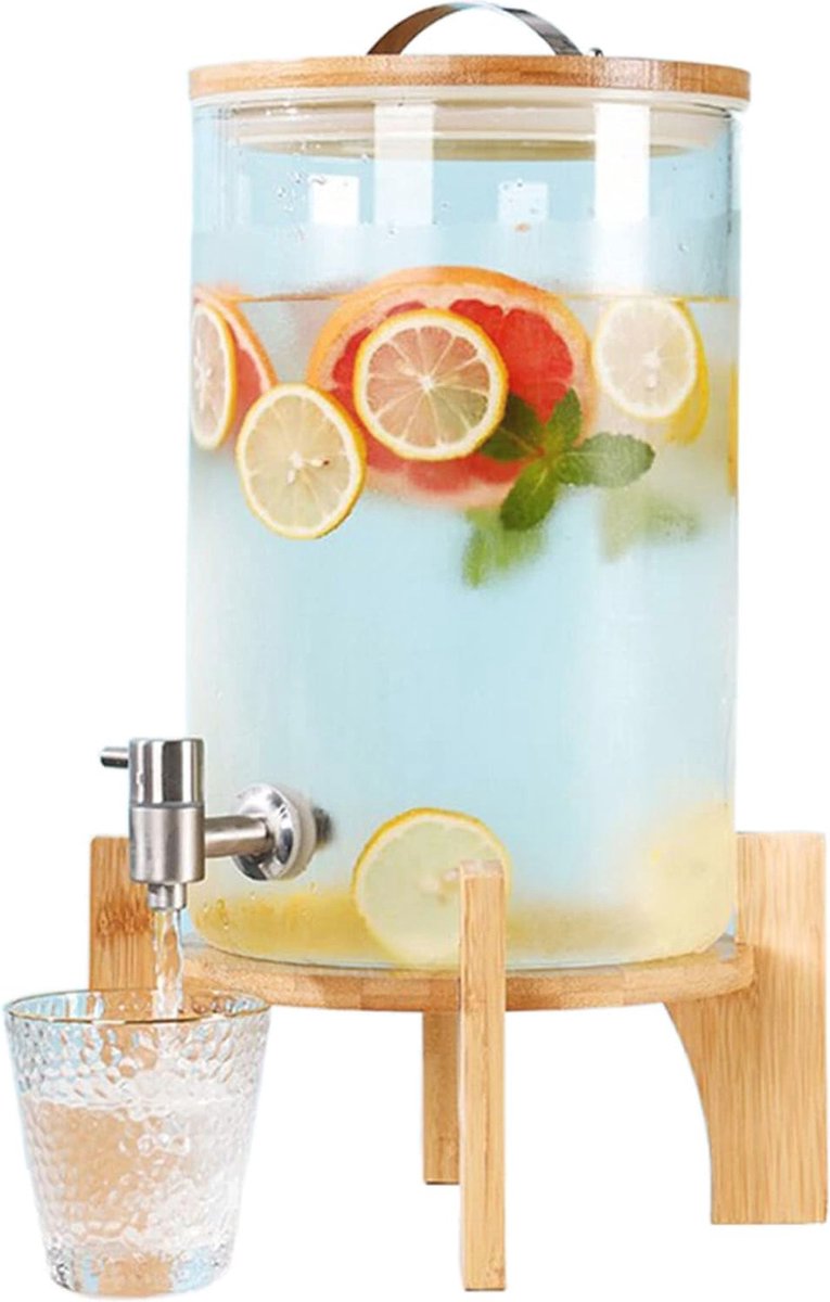 Glazen drankdispenser met houten standaard - 10L sapkan voor wisselende dranken