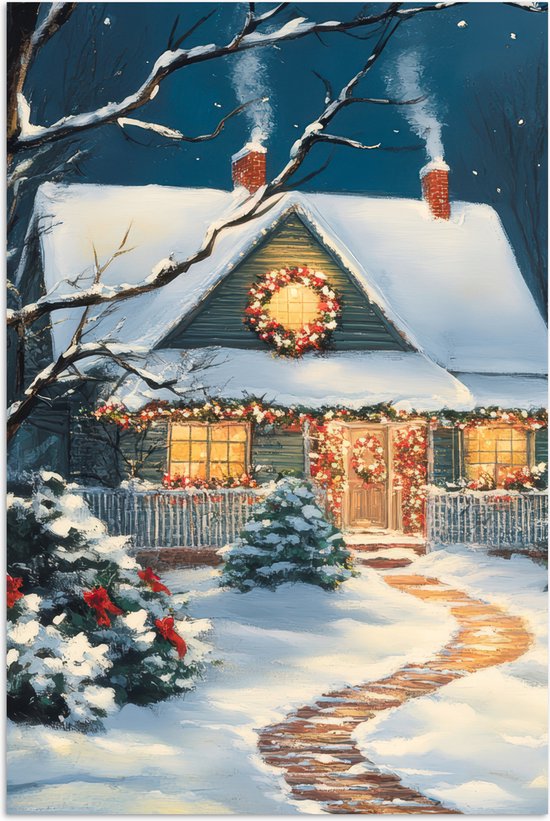 Peinture d'une maison enneigée avec décorations de Noël, allée et arbres.