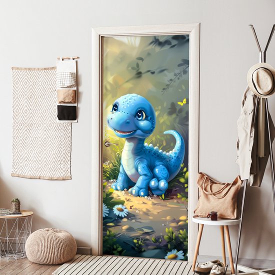 Deurposter 80x205 cm - Deursticker Dino - Blauw - Baby - Dinosaurus - Meubelfolie zelfklevend - Deurfolie kinderkamer - Muurstickers kinderen - Deur plakfolie - Deurbehang sticker - Babykamer decoratie accessoires
