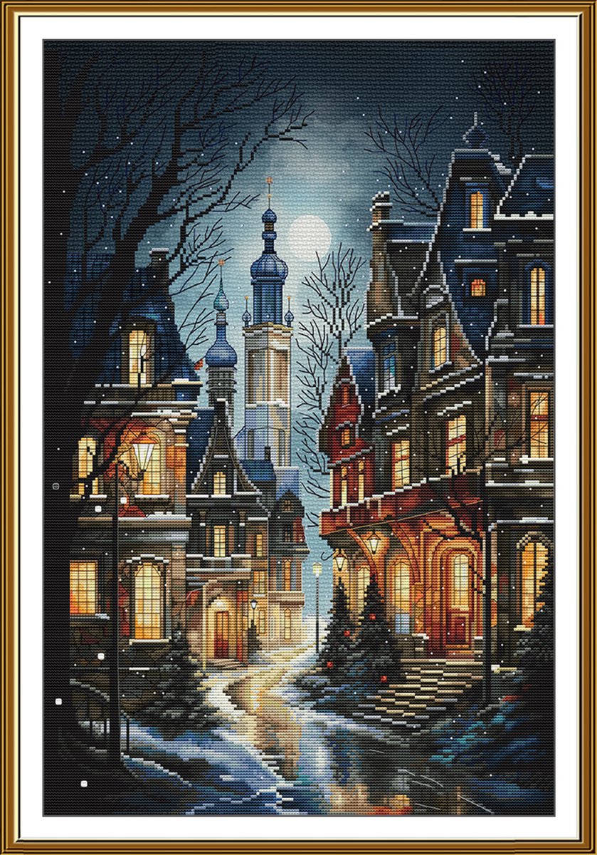 Borduurpakket Nova Sloboda - A Cosy Night - Een Knusse Nacht - bedrukte achtergrond