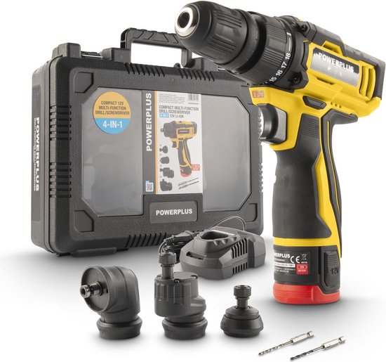 12V accu schroevendraaier 4-in-1 multifunctioneel met 90° hoek, boor, 18 koppel, batterij en koffer