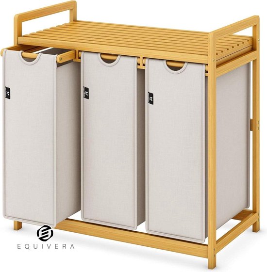 Wasmand van bamboe, beige, wasverzamelaar en wasmanden met 4 vakken, 150 liter, wasbox voor badkamer, slaapkamer, wasruimte of hal, 87 x 46 x 15 cm