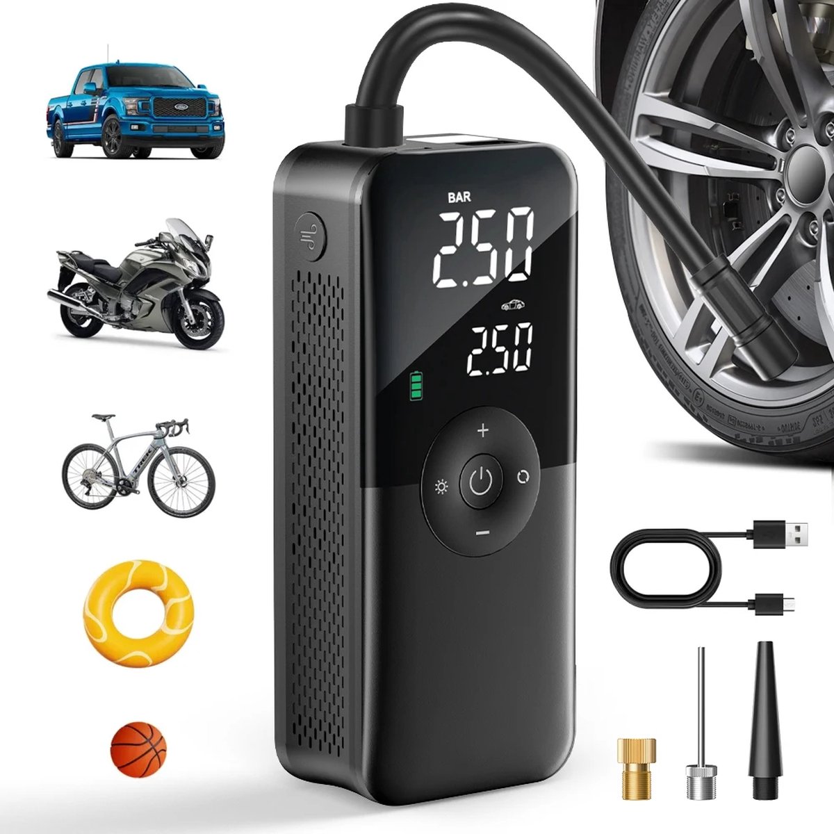 Draagbare Oplaadbare Luchtcompressor - Digitale Inflator Voor Auto, Fiets, Motor, Bal, Scooter, Voertuigen, Luchtpomp, Tire Inflator & Meer - Ideaal Voor Thuis, Reizen, Caravans, Kamperen