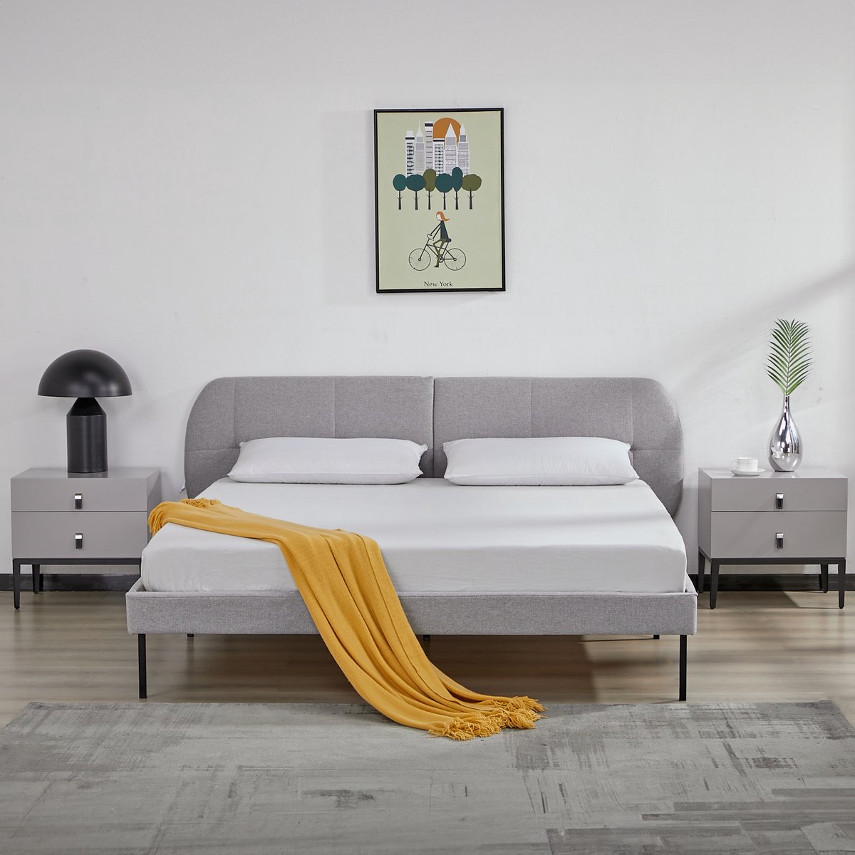 en.casa Gestoffeerd bed Porvoo met bedbodem en matras 160x200 cm grijs [en.casa]