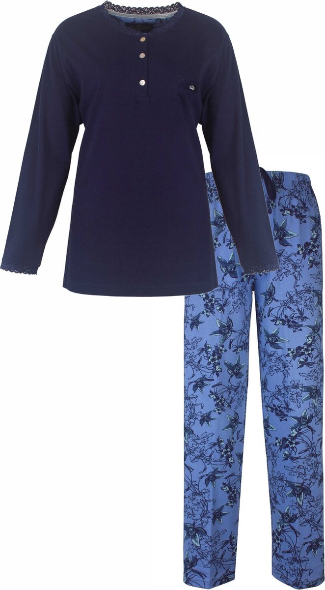 Medaillon Dames Pyjama - Lange Mouwen - Gebloemd - Blauw