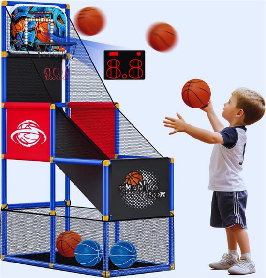 Basketbalspeelset - Basketbalspeelset Met 4 Ballen En Banden Voor Kinderen Van 3 Tot 12 Jaar - Indoor-Outdoor Sport - Eenvoudig Op Te Bouwen - Luchtpomp Inbegrepen - Ideaal Voor Wedstrijden