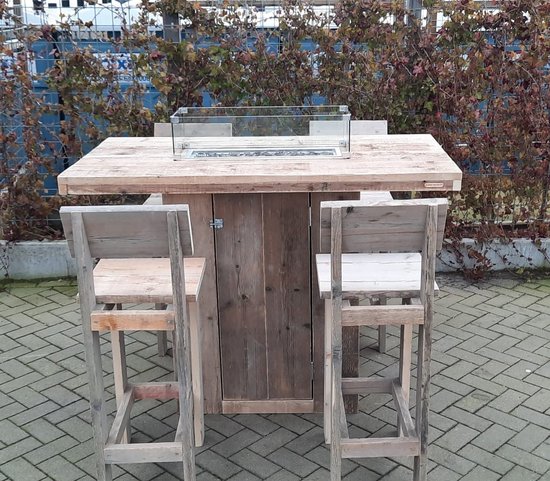 Foto: Vuurtafel sta tafel set celebration van gebruikt steigerhout 80x150cm 5 delige set kruk back 4 persoons