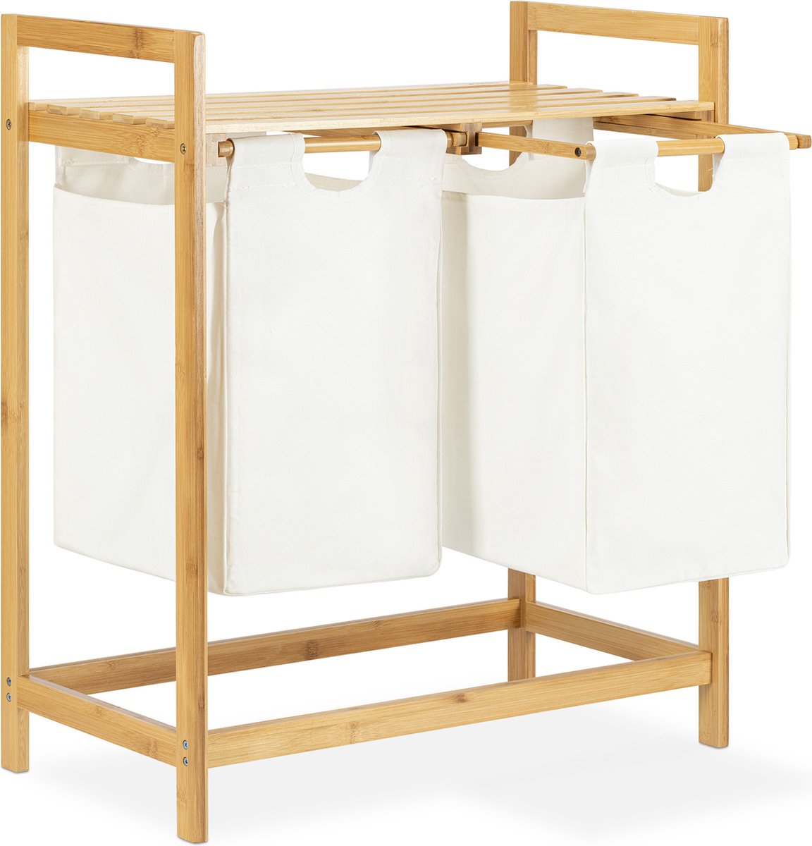 Navaris dubbele wasmand van bamboe - Houten wassorteerder met twee waszakken - Met plankje en twee uitneembare sorteervakken voor wasgoed - Bruin/wit
