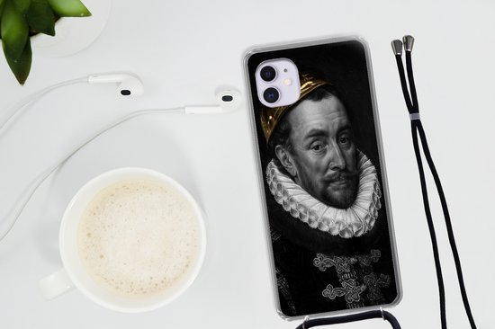 Coque avec cordon iPhone 11 - Peinture - Or - Zwart - Wit - Siliconen - Bandoulière - Coque arrière avec cordon - Coque pour téléphone avec cordon - Etui avec corde