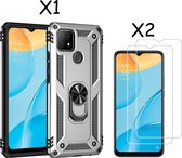 Oppo A15 Hoesje armor Met ring houder Zliver - Oppo A15s hoesje / Oppo A35 2021 hoesje met Kickstand TPU backcover hoesje - Oppo A15 / A15s screenprotector 2 pack