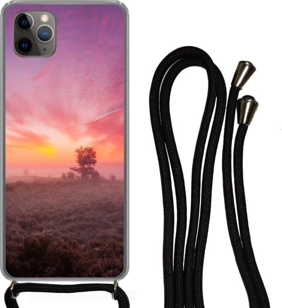 Foto: Hoesje met koord geschikt voor iphone 11 pro max paarse tinten in nederlands landschap siliconen crossbody backcover met koord telefoonhoesje met koord hoesje met touw